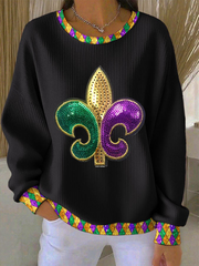 Women's Mardi Gras Fleur De Lis Ribbed Round-Neck Sweatshirt