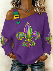 Women's Mardi Gras Fleur De Lis Print Casual Off-Shoulder Top