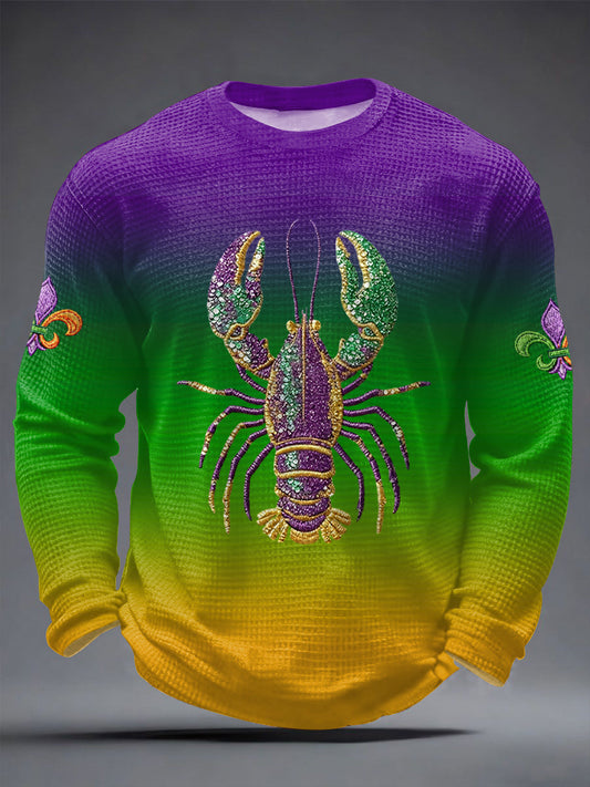 Men's Mardi Gras Lobster Fleur De Lis Print Casual Waffle Long Sleeve T-Shirt