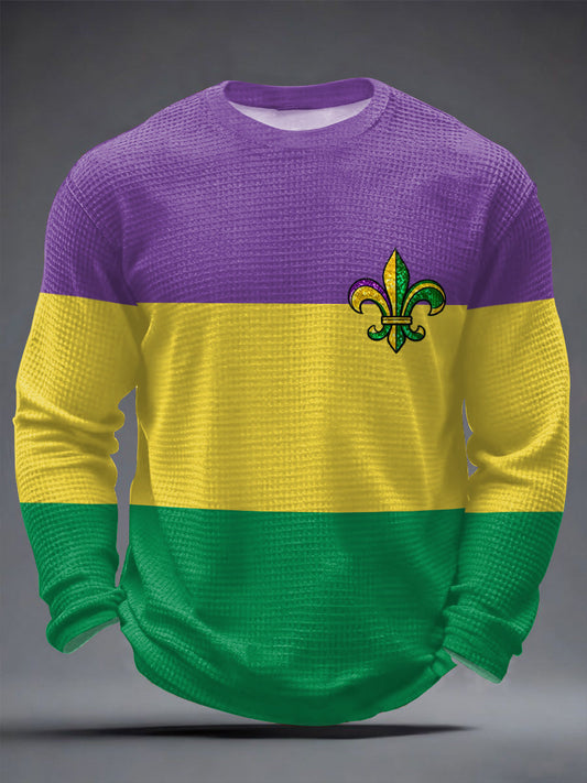 Men's Mardi Gras Fleur De Lis Colorblock Print Casual Waffle Long Sleeve T-Shirt