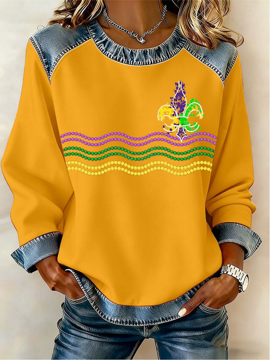 Women's Mardi Gras Fleur De Lis Denim Patchwork Top