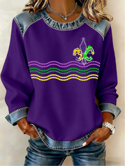 Women's Mardi Gras Fleur De Lis Denim Patchwork Top