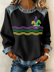 Women's Mardi Gras Fleur De Lis Denim Patchwork Top