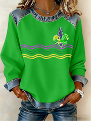 Women's Mardi Gras Fleur De Lis Denim Patchwork Top