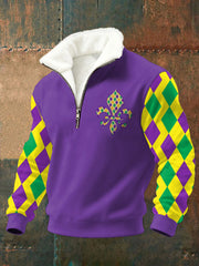Men's Mardi Gras Fleur De Lis Print Casual Plush Zipper Pullover