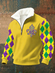 Men's Mardi Gras Fleur De Lis Print Casual Plush Zipper Pullover