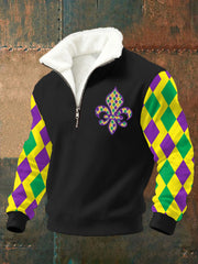 Men's Mardi Gras Fleur De Lis Print Casual Plush Zipper Pullover
