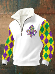 Men's Mardi Gras Fleur De Lis Print Casual Plush Zipper Pullover