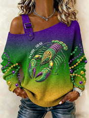 Women's Retro Mardi Gras Print Off-Shoulder Top