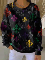 Women's Retro Mardi Gras Print Ribbed Round-Neck Sweatshirt