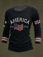 Women's America 1776-2026 Rhinestone Pattern Long-Sleeved Top