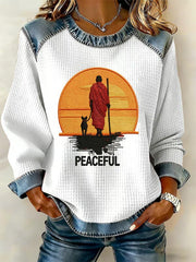 Women's Walk For Peace Monks With Aloka Denim Patchwork Top