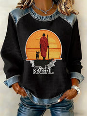 Women's Walk For Peace Monks With Aloka Denim Patchwork Top