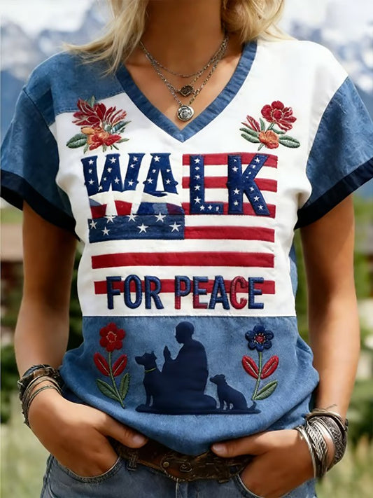 Women's Walk For Peace Printed V-neck T-shirt