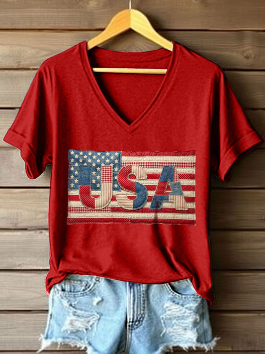 Women's USA Patchwork Art V-Neck T-Shirt