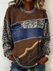 Women's Vintage Western Leopard Patchwork Print Casual Sweatshirt