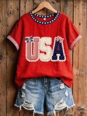Women's USA Patchwork Pattern Linen Blend Shirt