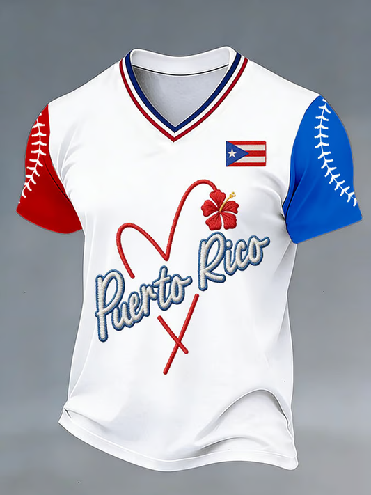 Men's Puerto Rico Baseball Printed V-neck T-shirt