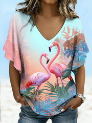 Women's Tropical Floral Flamingo Print Casual Ruffle Sleeves V-Neck Tee