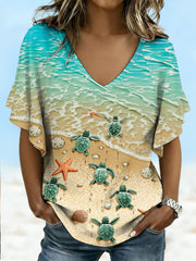 Women's Cute Sea Turtles Print Casual Ruffle Sleeves V-Neck Tee
