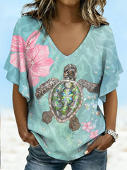 Women's Cute Sea Turtle Print Casual Ruffle Sleeves V-Neck Tee