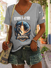 Women's Return To The Moon 2026 Casual V-Neck Tee