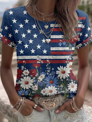 Women's Vintage Independence Day Flag Flower Art Print Linen Short Sleeves Top