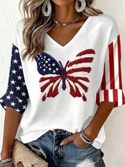 Women's Vintage Independence Day Butterfly Flag Art Waffle T-shirt