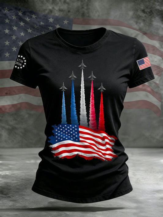Women's Independence Day American Flag Jet Planes Print Casual Tee