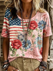 Women's American Flag Floral Print Casual T-shirt