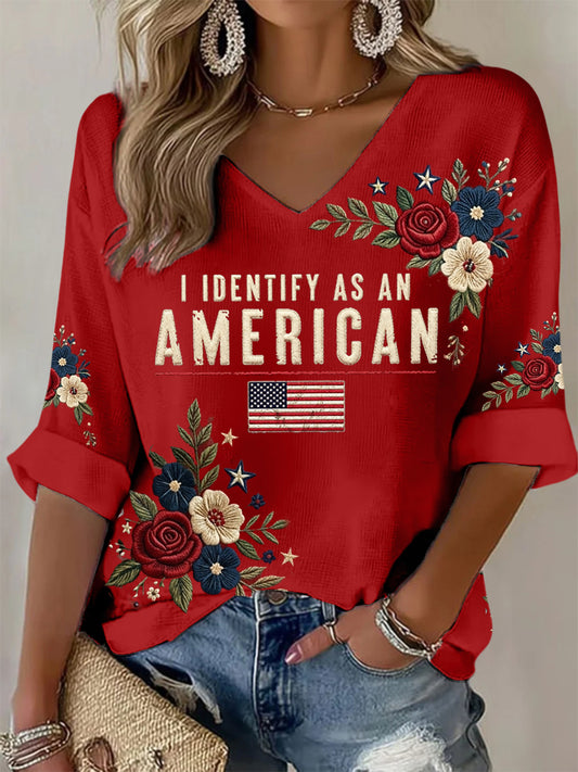 Women's I Identify As An American Floral USA Flag Print Casual Patriot Waffle Top