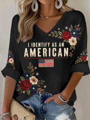 Women's I Identify As An American Floral USA Flag Print Casual Patriot Waffle Top