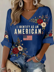Women's I Identify As An American Floral USA Flag Print Casual Patriot Waffle Top