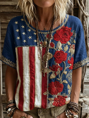 Women's American Flag Flowers Linen Short-sleeved T-shirt