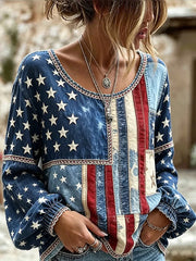Women's Vintage Independence Day Flower Art Print Linen Top