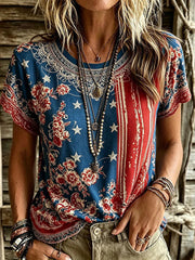 Women's American Flag Floral Casual T-Shirt