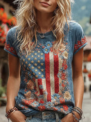 Women's American Flag Floral Casual T-Shirt