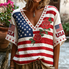 Women's Independence Day Anniversary Floral And Flag Art Cotton Linen V-neck Short Sleeve Top