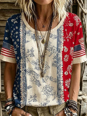 Women's American Flag Floral Print Casual T-Shirt