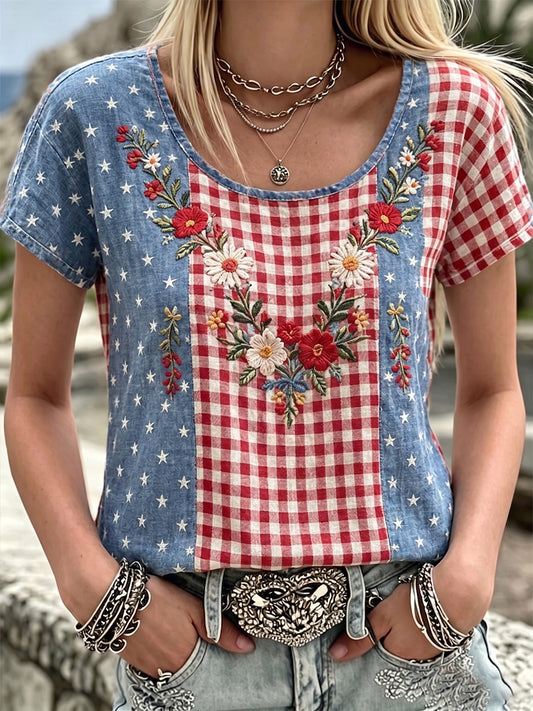 Women's Independence Day Anniversary Plaid Patchwork Flower Art Linen Short-sleeve Top
