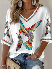 Women's Indigenous Hummingbird Art V-Neck Tops