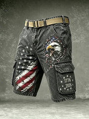 Men's Retro Independence Day Eagle Pattern Washed Cargo Shorts