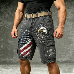 Men's Retro Independence Day Eagle Pattern Washed Cargo Shorts