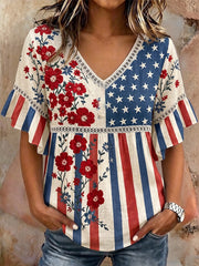 Women's Independence Day Flag & Floral Pattern Casual Top