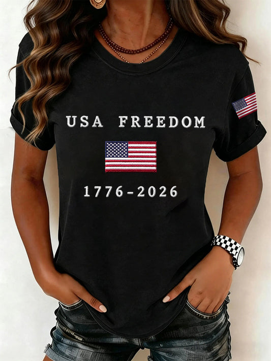 Women's USA Freedom American Flag Print Casual Independence Day Patriotic Tee
