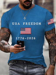 Men's USA Freedom American Flag Print Casual Independence Day Patriotic Tee
