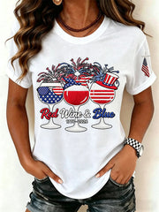 Women's Red Wine Blue Independence Day Print Casual Patriotic Tee
