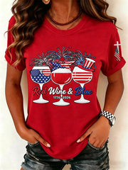 Women's Red Wine Blue Independence Day Print Casual Patriotic Tee