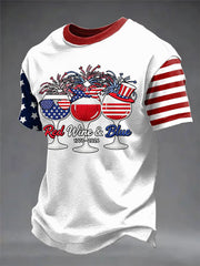 Men's Funny Red Wine Blue Independence Day Print Casual Patriotic Tee