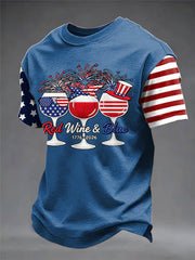 Men's Funny Red Wine Blue Independence Day Print Casual Patriotic Tee